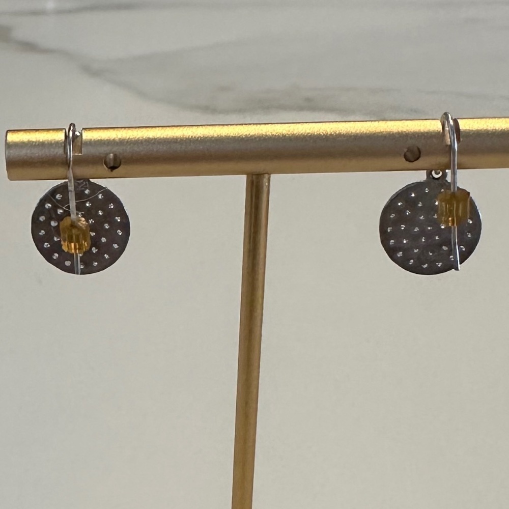 Silver Textured Disc Drop Earrings with Crystals - Picture 8 of 11